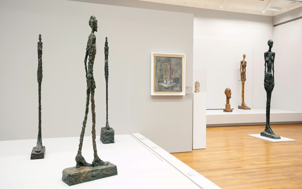 Exposición de las esbeltas y alargadas esculturas humanas de bronce, como “el hombre andante”.