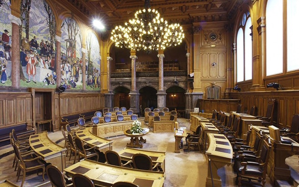 The empty chamber of the Council of States at the Federal Palace.