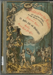 Cobertura da 3a edição do livro “Heidi” datado de 1881. O ilustrador é o Wilhelm Pfeiffer. Vê-se a Heidi na natureza com animais.