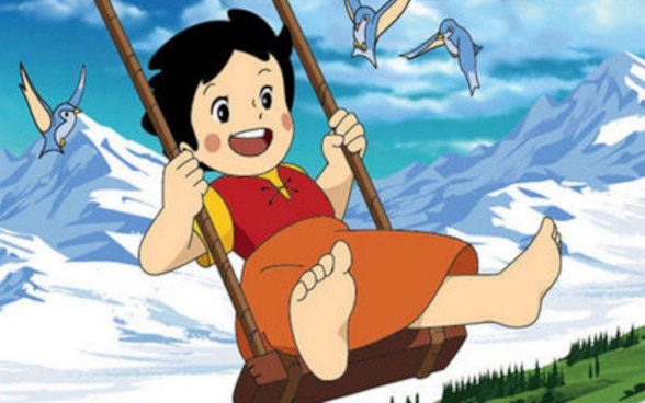 Dessin de Heidi faisant de la balançoire dans le dessin animé «Heidi, fille des Alpes», d’Isao Takahata en 1974.