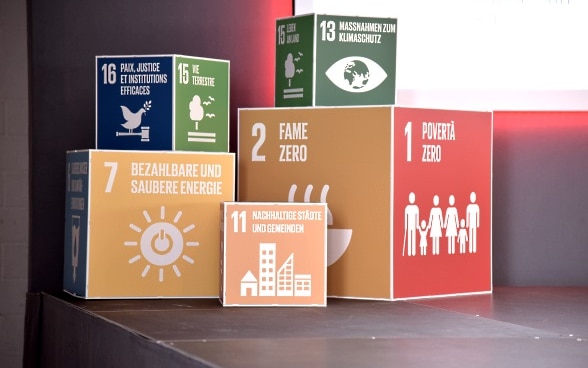 The coloured cubes display various sustainable development goals in different national languages.