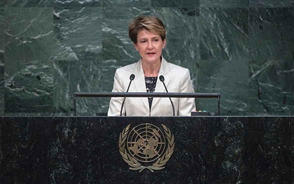 Bundespräsidentin Simonetta Sommaruga hält eine Rede vor der UNO-Generalversammlung.
