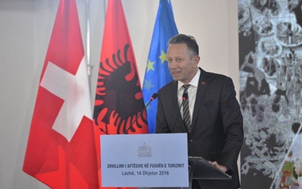 Swiss Ambassador Christoph Graf at the inauguruation of vocational school 'Kolin Gjoka' in Lezhë, Albania. 