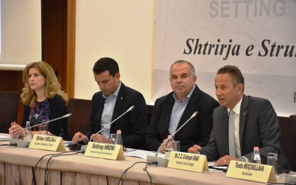 Swiss Ambassador Christoph Graf speaking at the presentation of community structures in Tirana.