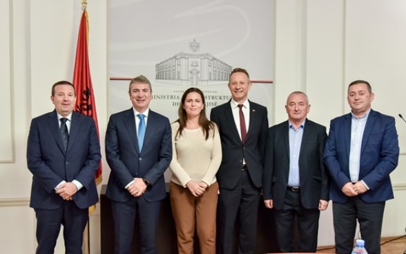 Ambassador Graf with Minister Gjiknuri and four mayors from Berat region after signing agreement on waste management project