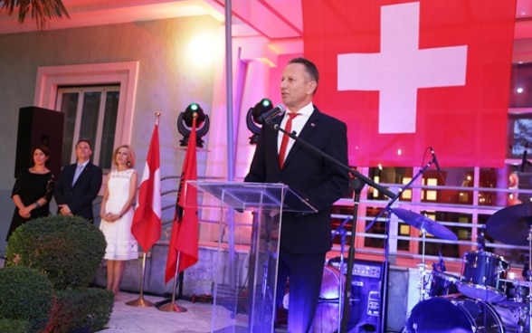Swiss Ambassador Christoph Graf addressing guests at the reception celebrating the Swiss National Day. ©FDFA