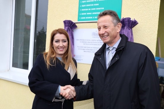 Albania's Minister of Health Ogerta Manastirliu with Swiss Ambassador Christoph Graf inaugurating the renovated health centre in Libofshë, south of Tirana. 