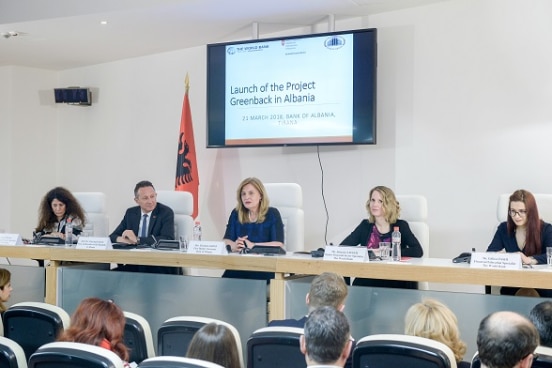Swiss Ambassador Christoph Graf with Deputy Governer of Bank of Albania launching Project Greenback to improve remittance services.