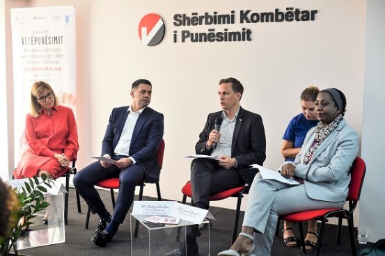 Dpt. Head of Mission at Embassy of Switzerland in Albania Philipp Keller addressing the launch of self-employmen measures with Albania's Minister of Economy Arben Ahmetaj (left) and UNDP representative Limya Eltayeb