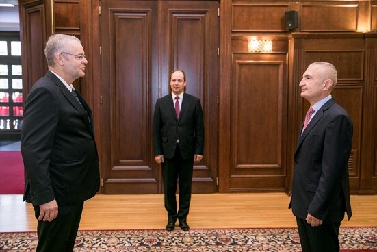 New Swiss Ambassador in Albania Adrian Maître presenting his credentials to Albania's President Ilir Meta, 18 October 2018.