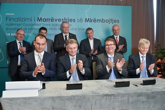 The signing of TAP maintenance agreement where Swiss Ambassador Adrian Maître (2nd row, centre) attended, Tirana, 14.11.2018