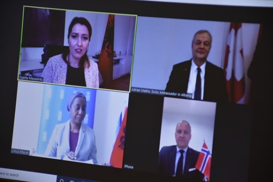 Virtual signing of agreement to buy respirators by Albania's Minister of Health Ogerta Manastirliu (top left), Swiss Ambassador Adrian Maître (top right), UNDP Representative Lymia Eltayeb (bottome left), and Norwegian Ambassador Jens Erik Grondahl (bottom right).