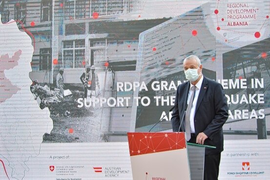 Swiss Ambassador Adrian Maître launching the regional grant in support of earthquake rebuilding, Durrës, Albania.