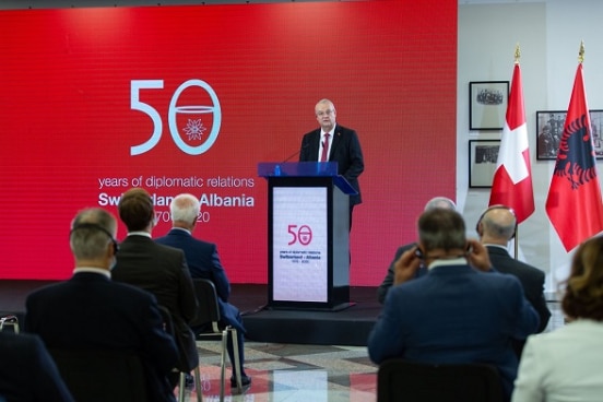 Swiss Ambassador in Albania Adrian Maître opening the conference and exhibition on 50 years of diplomatic relations between Switzerland and Albania