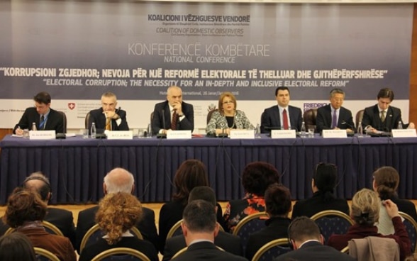 Albania's political leaders and US Ambassador in Tirana during conference on electoral corruption