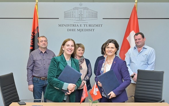 Albania's Minister of Tourism and Environment Mirela Kumbaro and Swiss Ambassador Ruth Huber after the signing of the memorandum on fire management.
