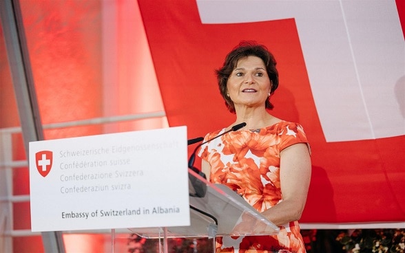 Swiss Ambassador in Albania Ruth Huber welcoming guests at the Swiss National Day reception.