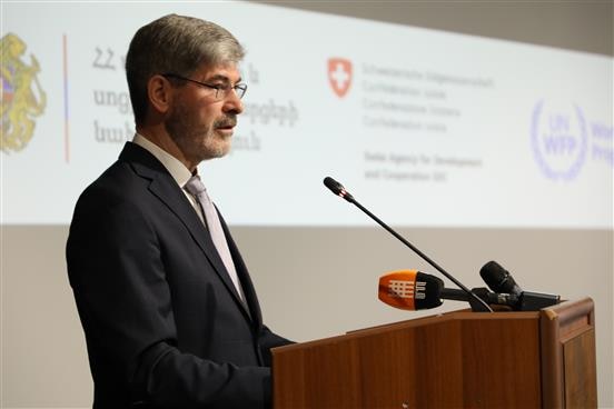 Deputy Regional Director of Swiss Cooperation South Caucasus Werner Thut delivers opening remarks at the REBCA project launch