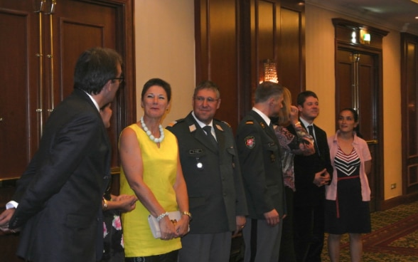 From left to right : Ambassador Lukas Gasser, Mrs. Marilú Gasser, Mrs. Fabienne Seydoux (Consul in Tbilisi), Col. Bruno Russi (New Defence Attaché in Moscow), Lt.-Col. Simon Eugster (Former Defence Attaché in Moscow), Mrs. Anna Eugster, Mr. Lukas Lüscher (chief of the Swiss Cooperation Office), Mrs. Sanobar Lüscher.