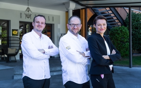 Two Michelin star chef Rolf Fliegauf and his team outside Giardino Hotel in Ascona