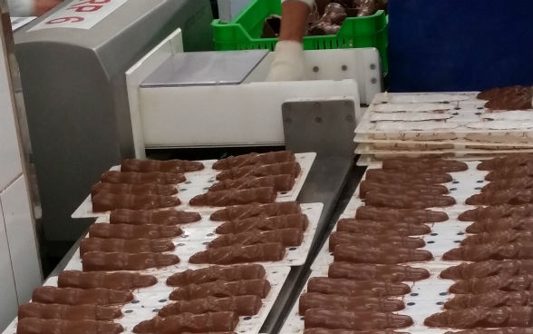 Schokoladennikoläuse in Diósgyör warten auf ihre Verpackung. © by Embassy of Switzerland
