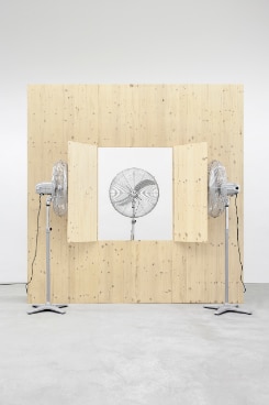 (2012, 280 × 280 × 240cm, wooden construction and three fans),