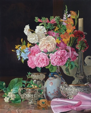 Ferdinand Georg Waldmüller, Flowers in Porcelain Vase with Candlestick and Silver Vessels, 1839