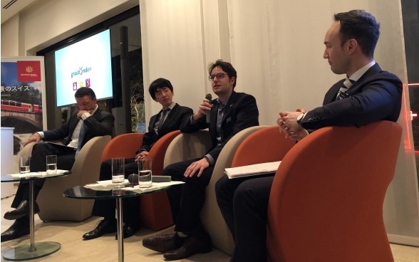 From left: Mr. Fabien Clerc, Director Switzerland Tourism Japan, Mr. Tomoya Sakaguchi, Mr. Jonas Rüegg, Mr. Jonas Pulver, Head of Culture and Communications Section ©Embassy of Switzerland in Japan