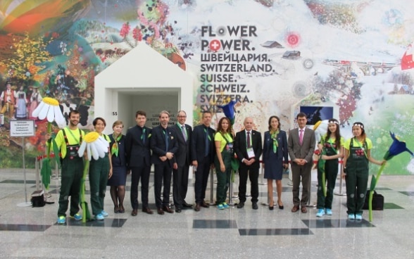 Swiss Financeminister Ueli Maurer at Entrance to Swiss Expo Pavilion Astana