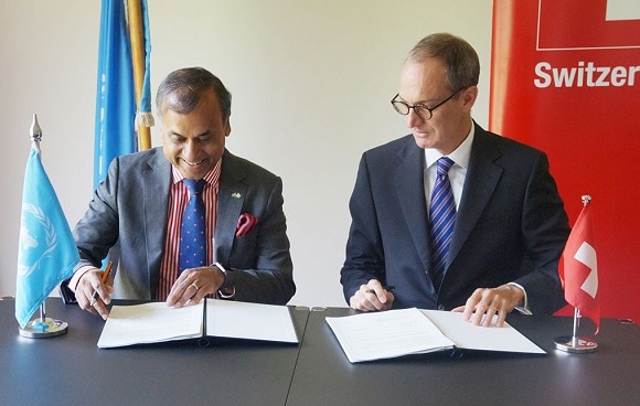 Ambassador of Switzerland to Kenya Mr. Ralf Heckner (right) with UN Resident Coordinator to Kenya Mr. Siddharth Chatterjee sign the agreement for Switzerland’s support to strengthen the capacity of the UN Resident Coordinator’s Office in Kenya 