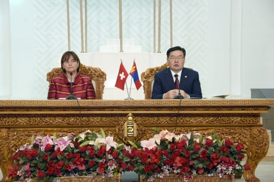 President of National Council of the Swiss Confederation Marina Carobbio and  the Mongolian Parliamentary Speaker G. Zandanshatar 