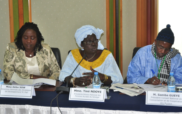 Zwei Frauen und ein Mann sitzen auf einen Podium. Sie nehmen an einer Diskussionsrunde in Senegal zur Ausarbeitung politischer Massnahmen zur Förderung der Nachhaltigkeit im Landwirtschaftssektor teil.