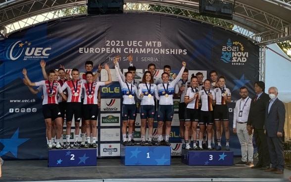 Team Relay Awards Ceremony: 1st Italy, 2nd Switzerland, 3rd Germany