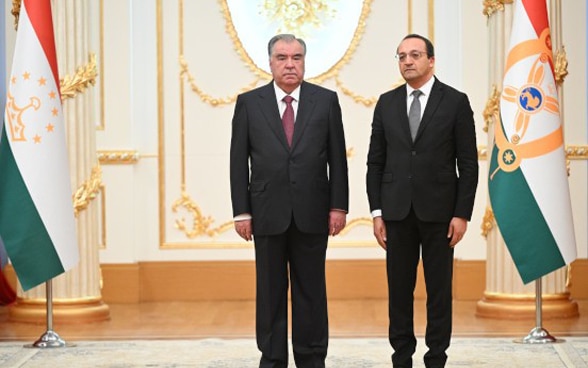 H.E. Ambassador Salman Bal (right) and H.E. Emomali Rahmon, the President of the Republic of Tajikistan 