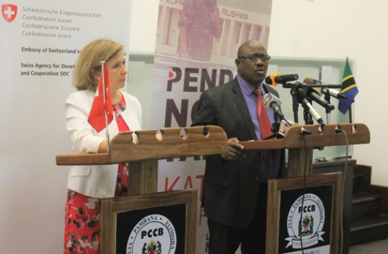 PCCB Director General CP Diwani Athumani and Ambassador Florence Tinguely Mattli at the press conference.