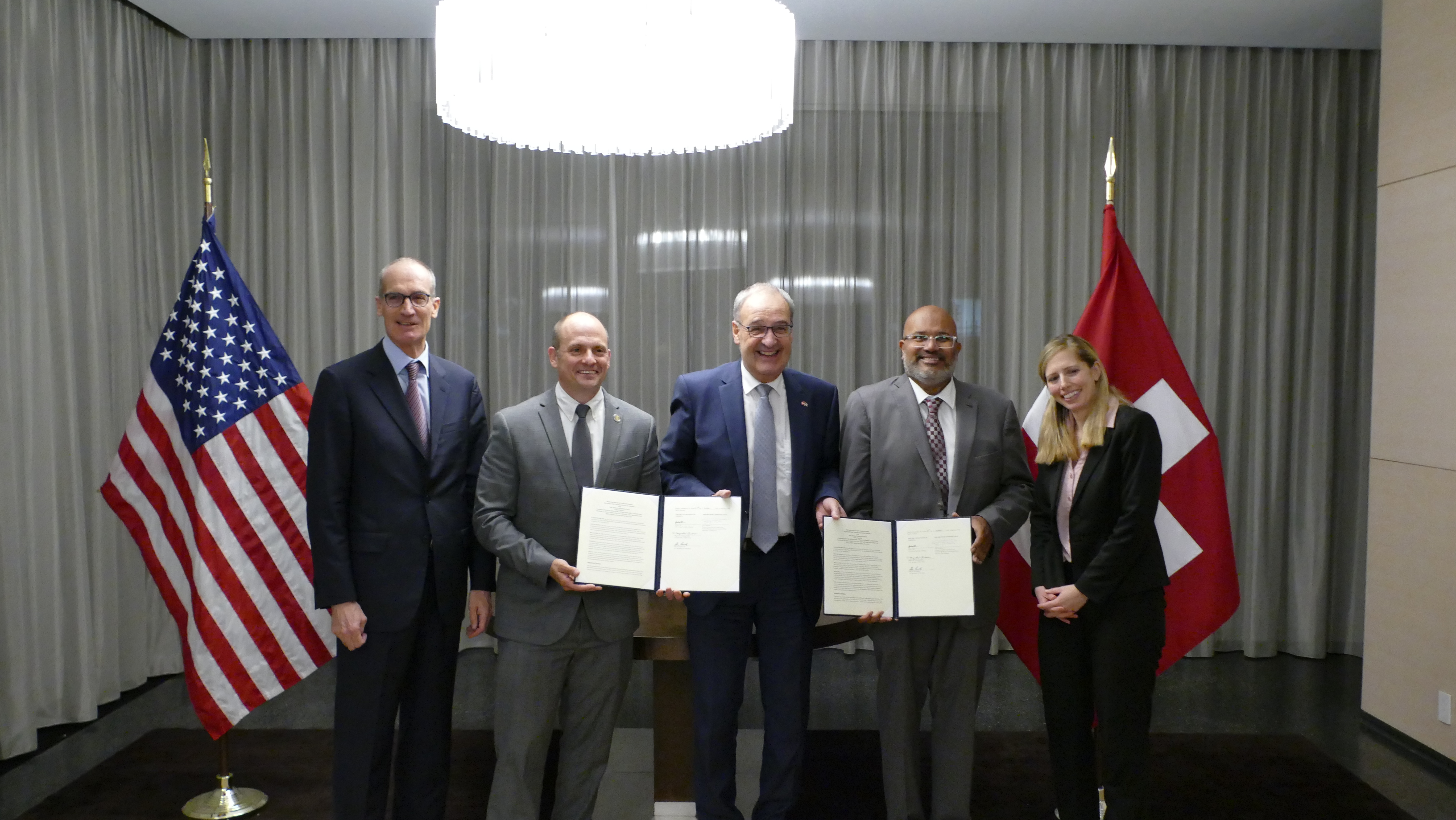 H.E. Dr. Ralf Heckner, Federal Councillor Guy Parmelin, U.S Department of Labor’s Assistant Secretary for Employment and Training José Javier Rodríguez, Commerce’s Assistant Secretary for Global Markets Arun Venkataraman, and Education’s Deputy Undersecretary for Postsecondary Education Jennifer Mishory at the 2024 signing ceremony.