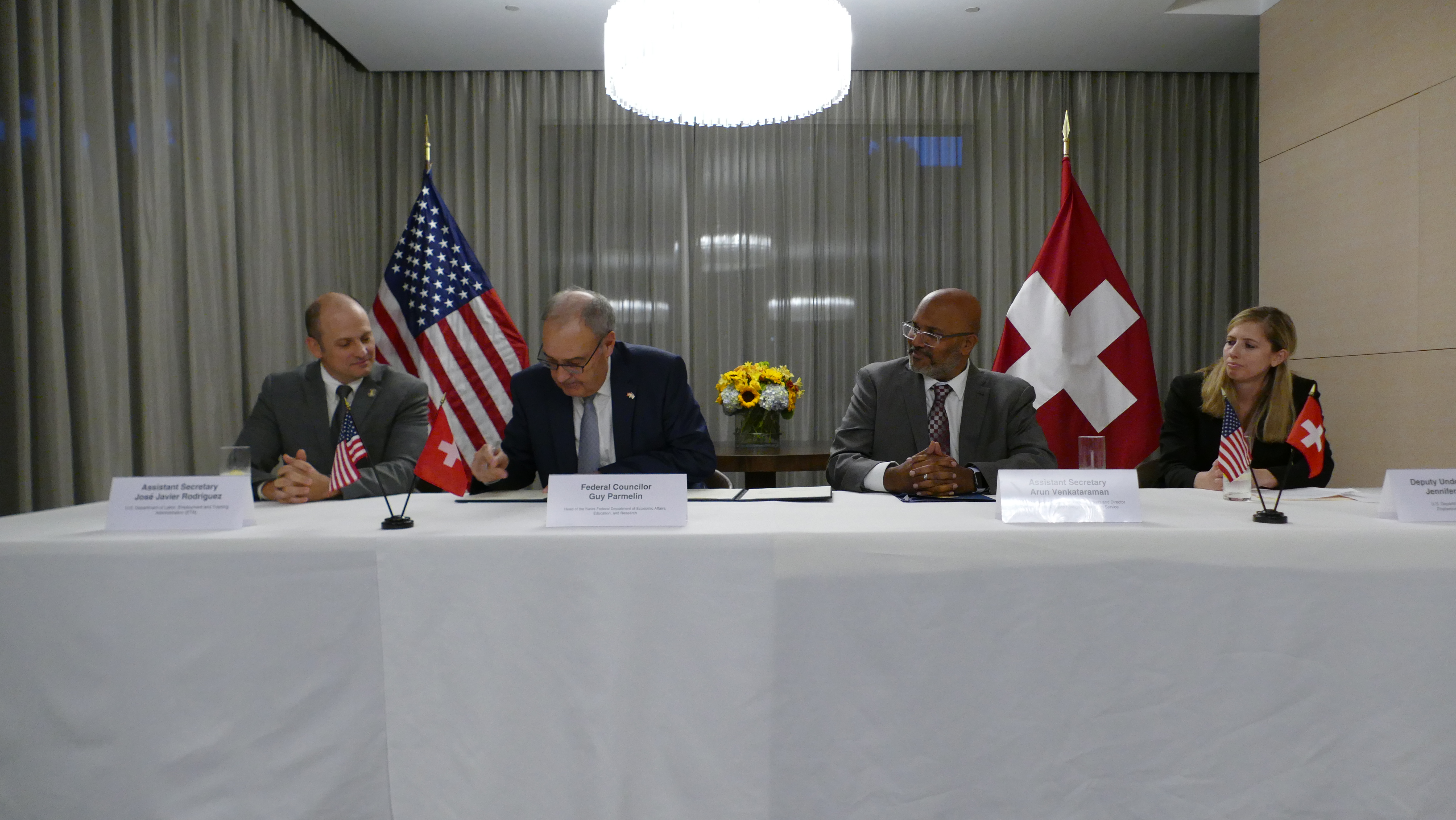 Federal Councillor Guy Parmelin, U.S Department of Labor’s Assistant Secretary for Employment and Training José Javier Rodríguez, Commerce’s Assistant Secretary for Global Markets Arun Venkataraman, and Education’s Deputy Undersecretary for Postsecondary Education Jennifer Mishory were present for the 2024 signing.