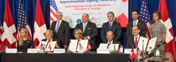 Swiss Federal Councillor Johann N. Schneider-Ammann signs Memorandum of Understanding with Secretary of Education Betsy DeVos, Secretary of Commerce Wilbus Ross, and Secretary of Commerce Alexander Acosta at NOVA Community College in Woodbridge, VA.