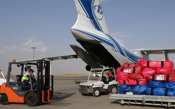 Relief aid is unloaded at Erbil airport in front of an aircraft chartered by Swiss Humanitarian Aid.  