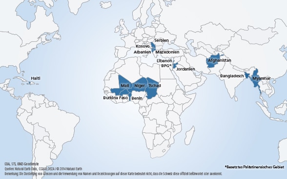Weltkarte mit Zielländern der DEZA im Bildungsbereich.