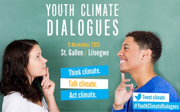 Flyer des Youth Climate Dialogues in St. Gallen, organisiert von der DEZA. Ein Frau und ein Mann halten sich den Zeigefinger ans Kinn und schauen nach oben.