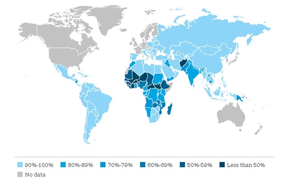 Map of the world showing literacy rates by country.