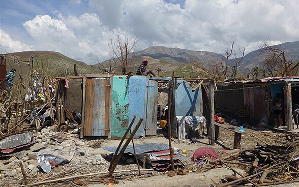 Cabanes dévastées par l'ouragan Matthew en Haïti.