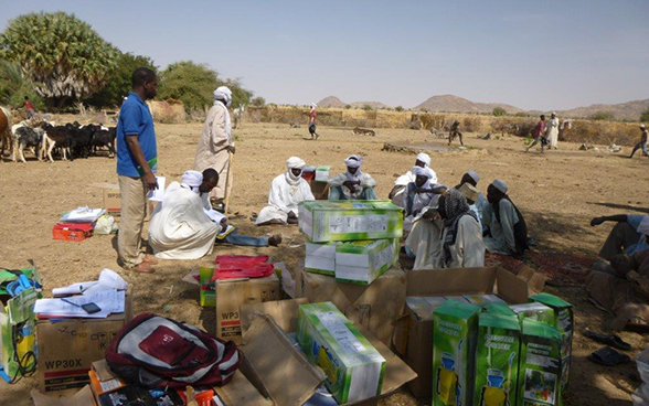 Les producteurs dans la zone de l'Ennedi, au Tchad, reçoivent des motopompes qui serviront à la construction de seuils d’épandage.