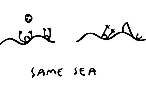 Zeichnung von zwei Wellen nebeneinander mit je zwei Strichfiguren, die spielen und in der anderen Welle Schiffbruch erleiden.