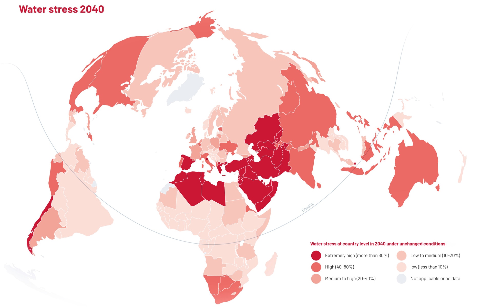 Grafico sulla distribuzione globale della penuria d’acqua prevista per il 2040 a livello dei singoli Paesi.