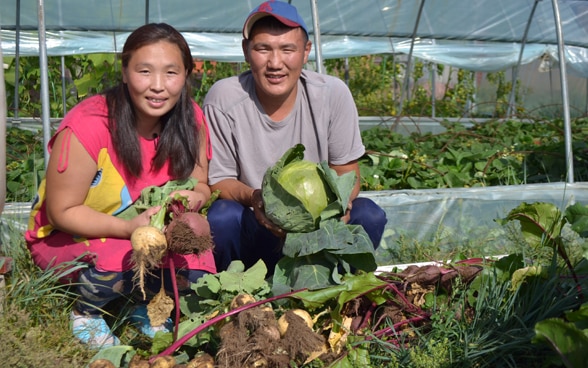 Des agriculteurs du Mongolian Potato Project posent avec les fruits de leurs récoltes.