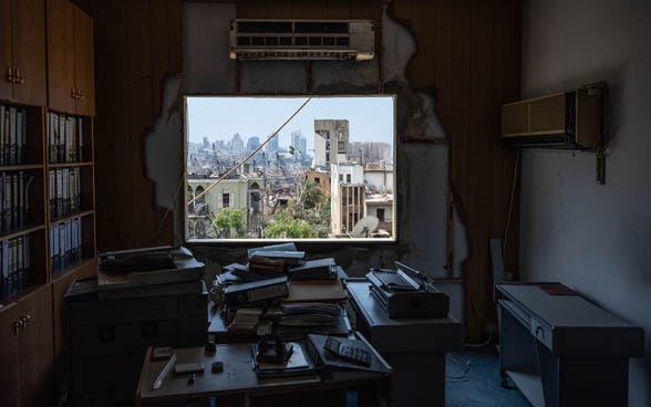 View of Beirut, Lebanon, from the devastated window of a flat