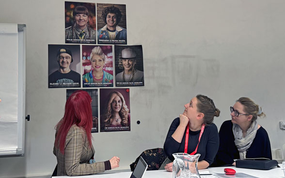 The participants look at humorously edited pictures of the Swiss federal councillors which were created by youth CSOs.