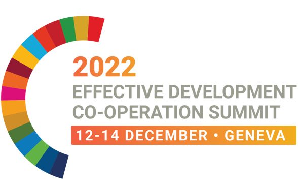 GPEDC Summit logo: rainbow SDG semicircle with orange and grey text on white background: 2022, Effective Development Co-operation Summit, 12-14 December - Geneva